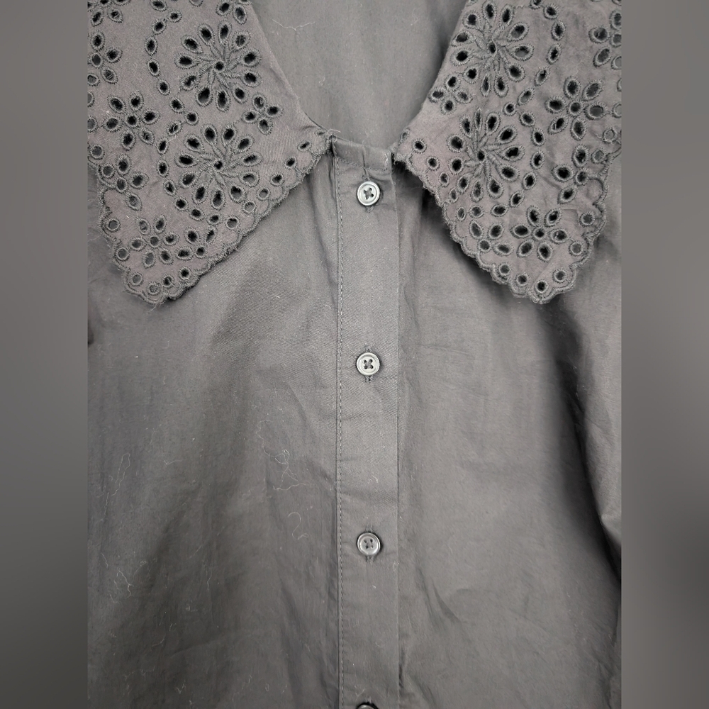 100% Cotton Calligraphie Black Eyelet Collar Long Sleeve Blouse Women's Size M - Picture 7 of 9